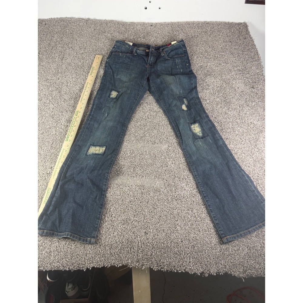 Seven7‎ Flare Jeans Womens 31 Dark Wash Distressed Rip Repair Low Rise Denim